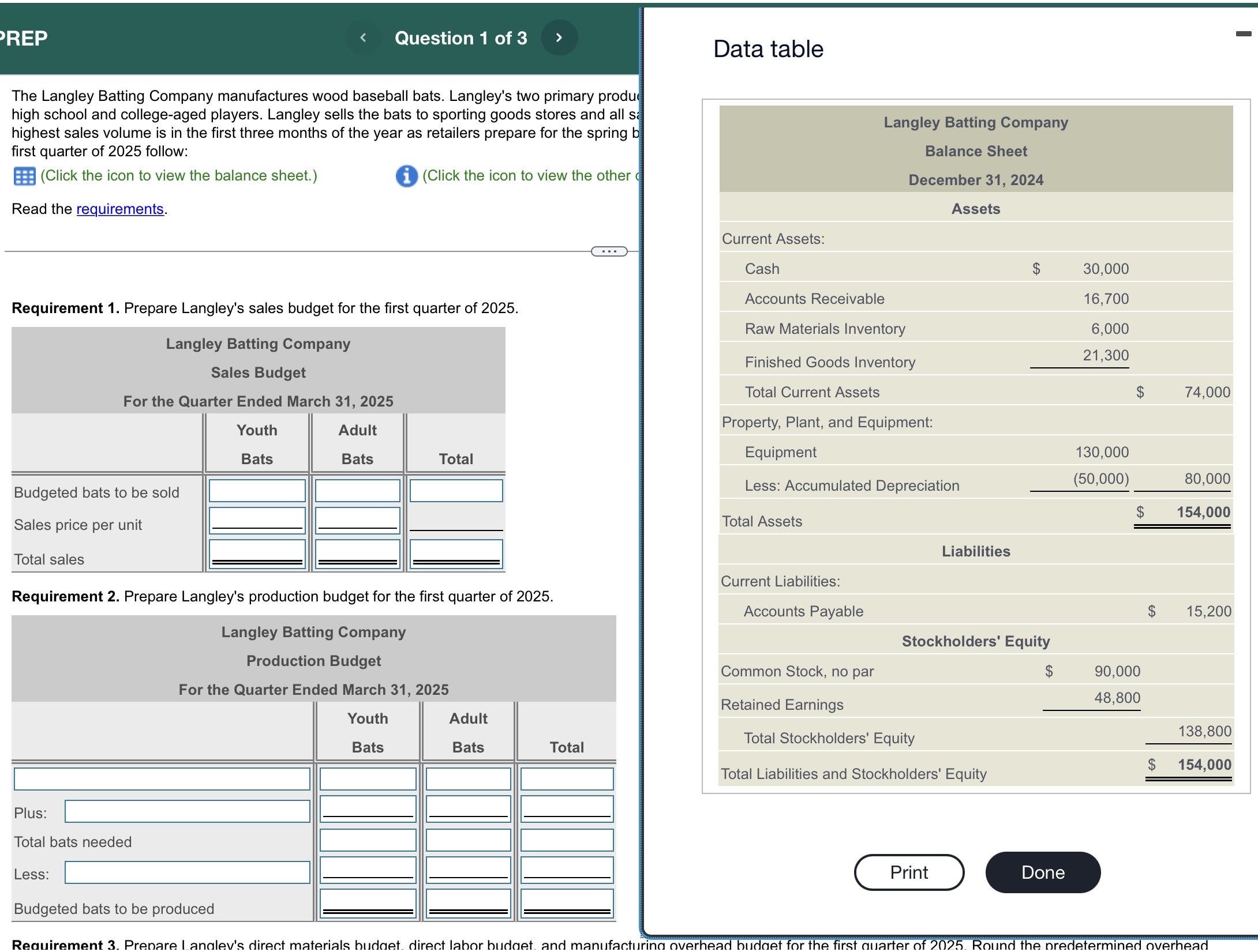  REP Question 1 of 3 Data table The Langley Batting Company