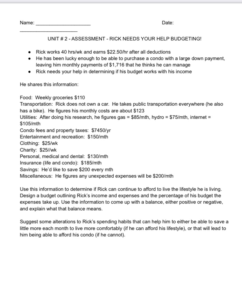 HELP BUDGETING! Rick works 40 hrs/wk and earns $22.50/hr after all deductions