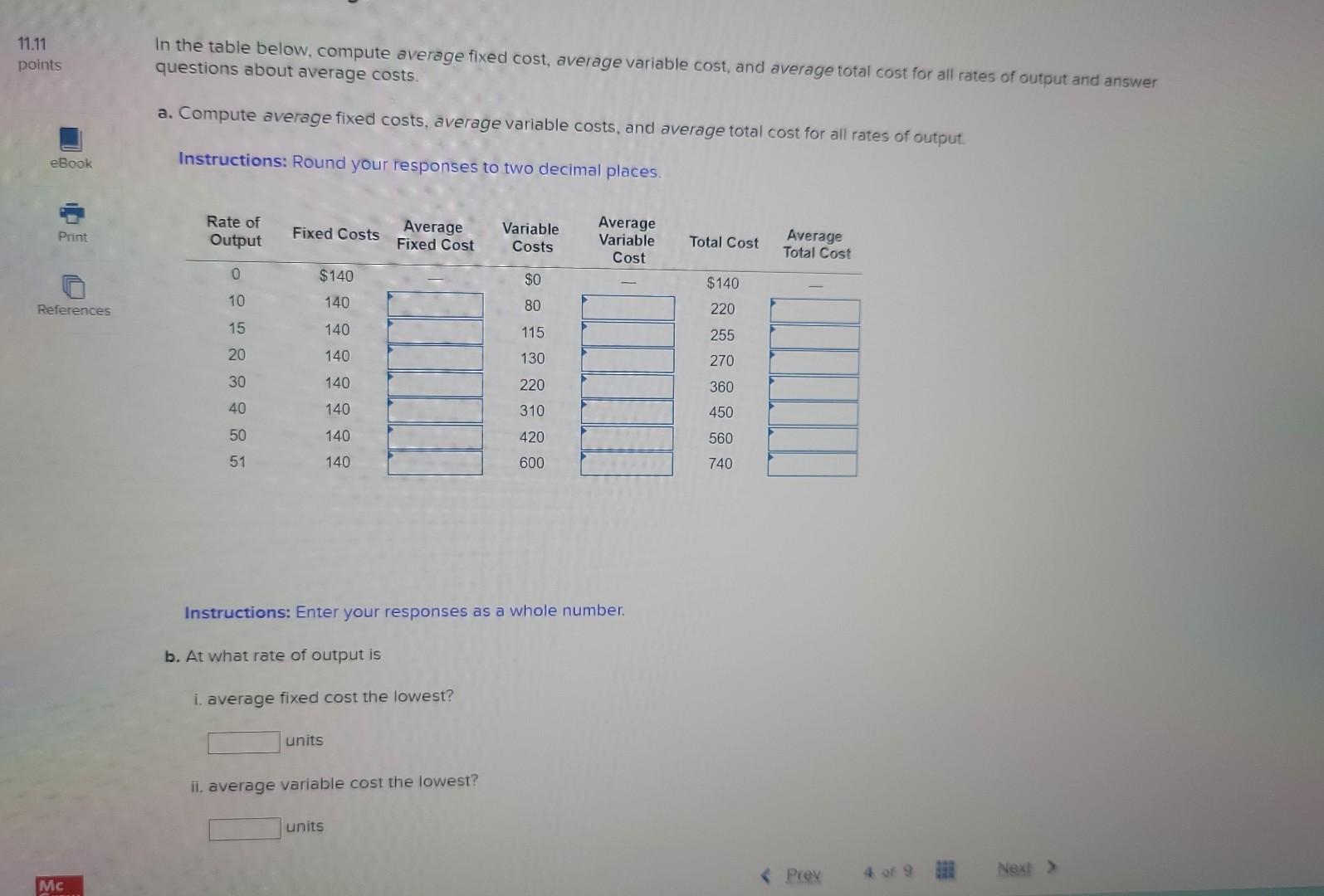 variable cost, and average total cost for all rates of output and