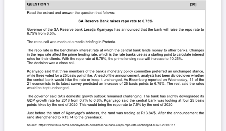  Monetary economics QUESTION 1 [20] Read the extract and answer the