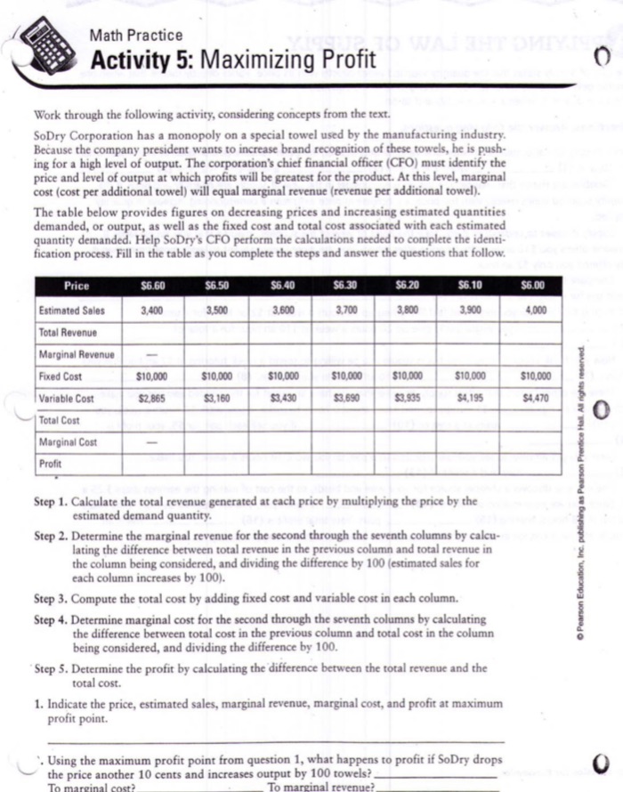  Math Practice Activity 5: Maximizing Profit O Work through the following