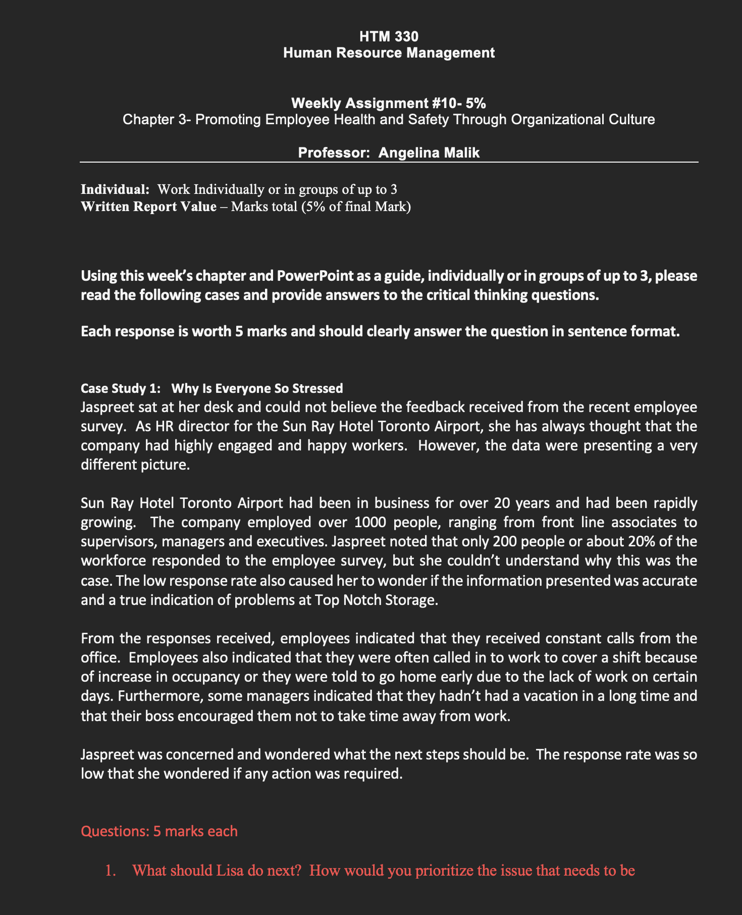  HTM 330 Human Resource Management Weekly Assignment #10- 5% Chapter 3-