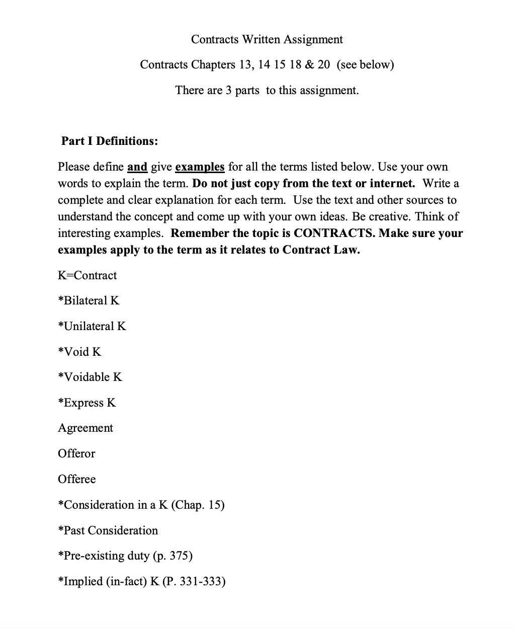  Contracts Written Assignment Contracts Chapters 13, 14 15 18 & 20