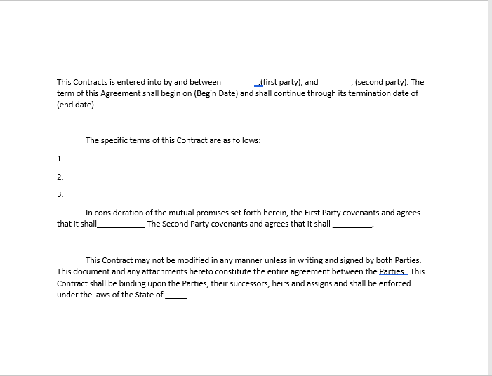 entered into by and between {first party), and _ (second party). The