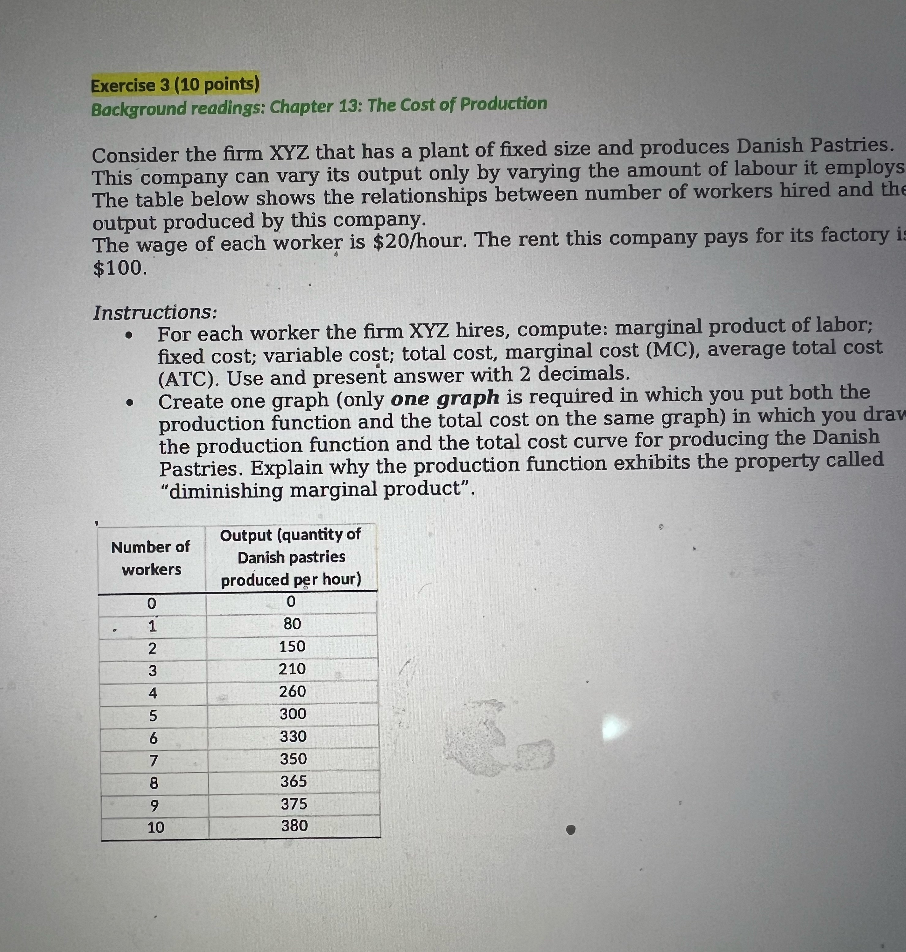 Exercise 3 (10 points) Background readings: Chapter 13: The Cost of Production