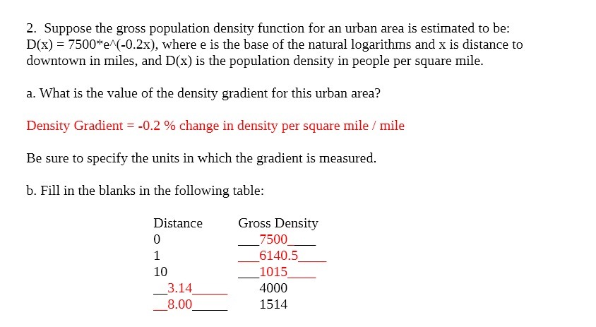 2. Suppose the gross population density function for an urban area