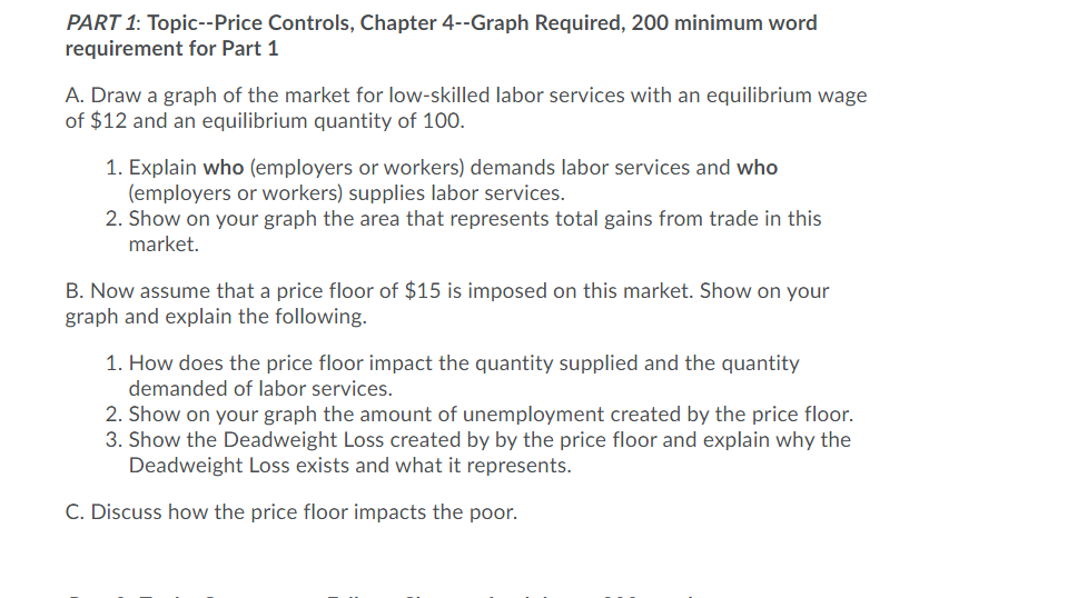  PART 1: Topic--Price Controls, Chapter 4--Graph Required, 200 minimum word requirement