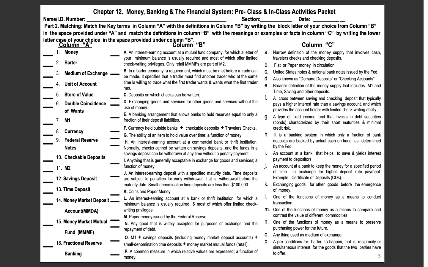  Matching: Match the Key terms in Column "A" with the definitions