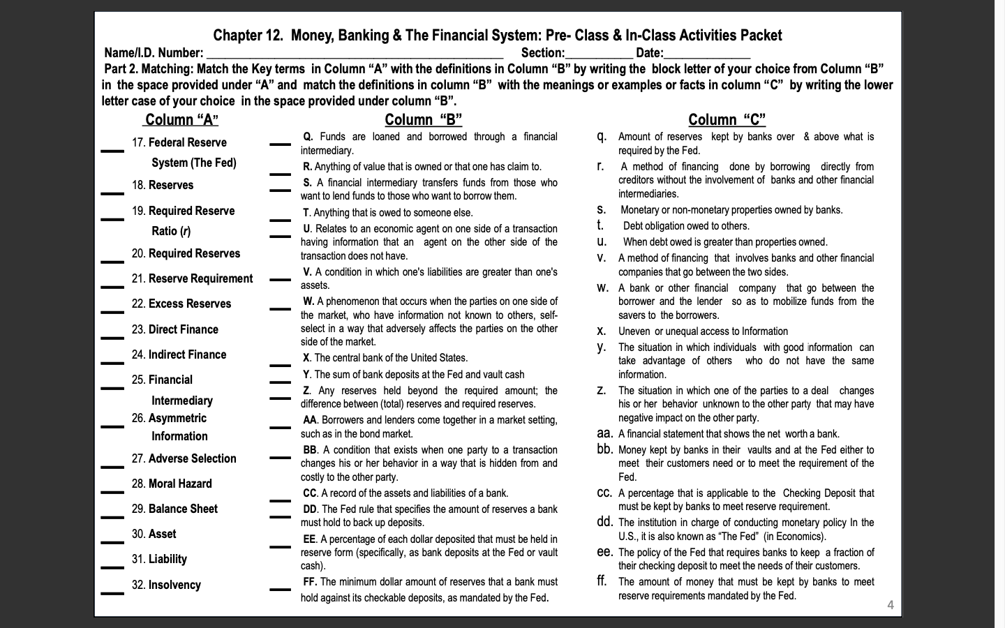 column "B" with the meanings or examples or facts in column "C"by