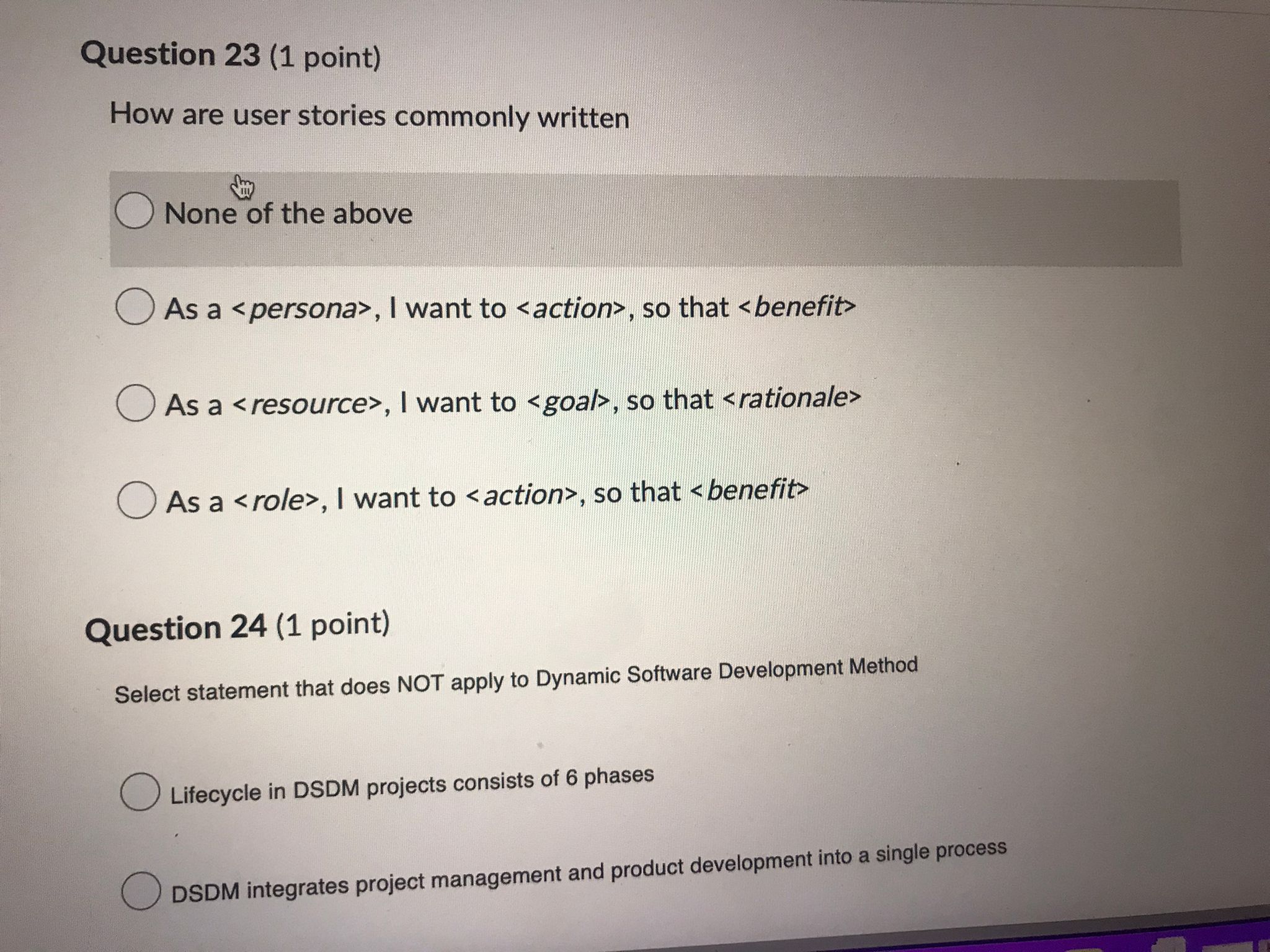 ali AQuestion 9 (1 point) Within the SCRUM Methodology, a 'Sprint' typically