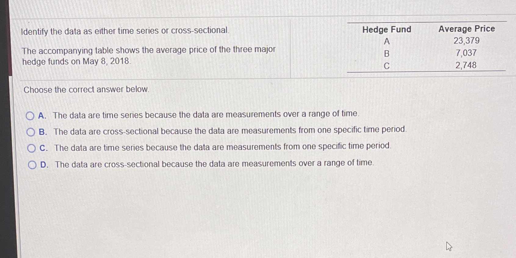  Identify the data as either time series or cross-sectional. Hedge Fund