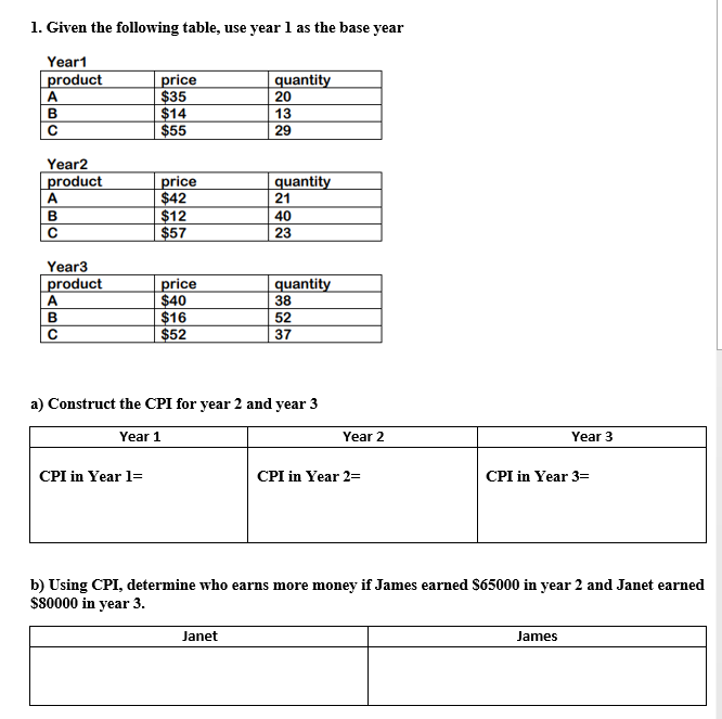 Question #1 1. Given the following table, use year 1 as