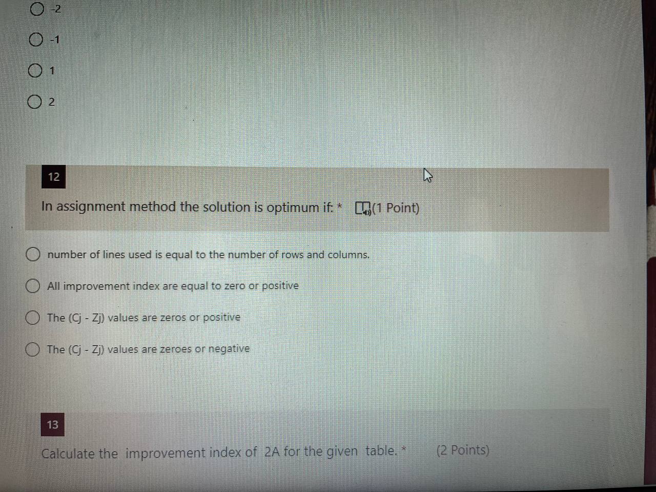 s In assignment method the solution is optimum if. * [!(1 Point)