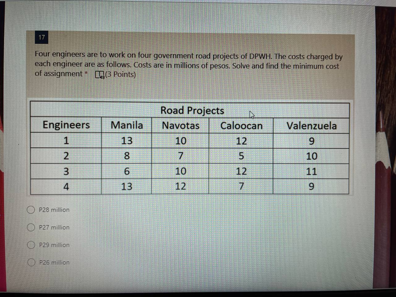 [} (2 Points) Road Projects Engineers Manila Navotas Caloocan Valenzuela 13 10