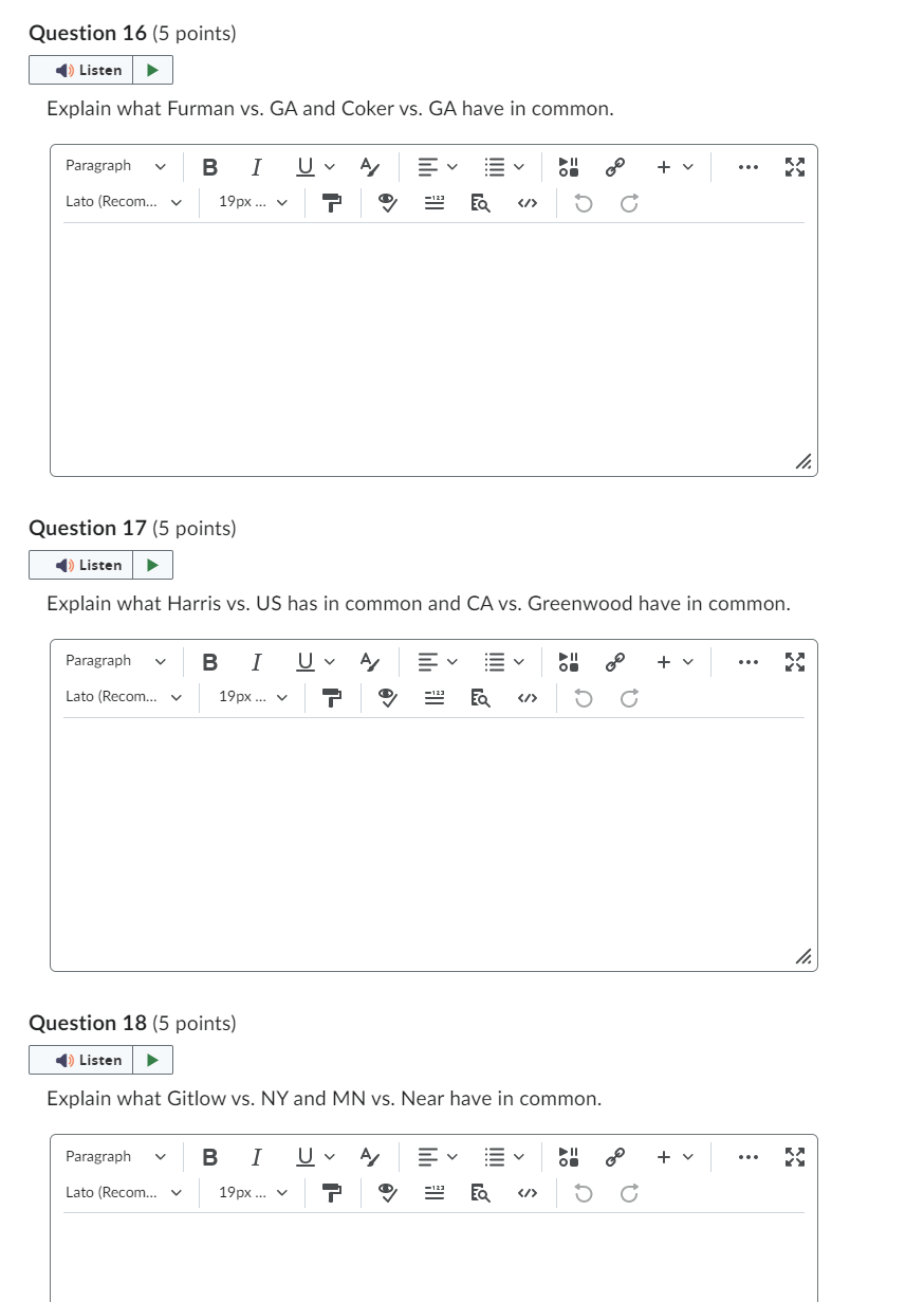 Question 16 (5 points) () Listen Explain what Furman vs. GA