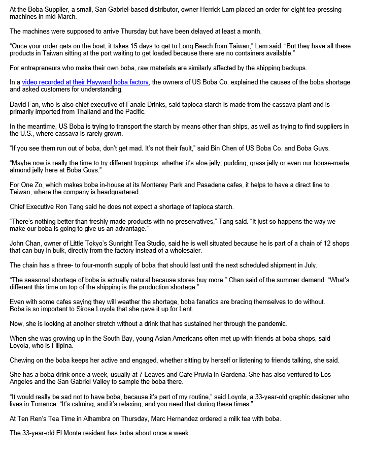 the boba market in the US using complete sentences and economic terminology.Indicate