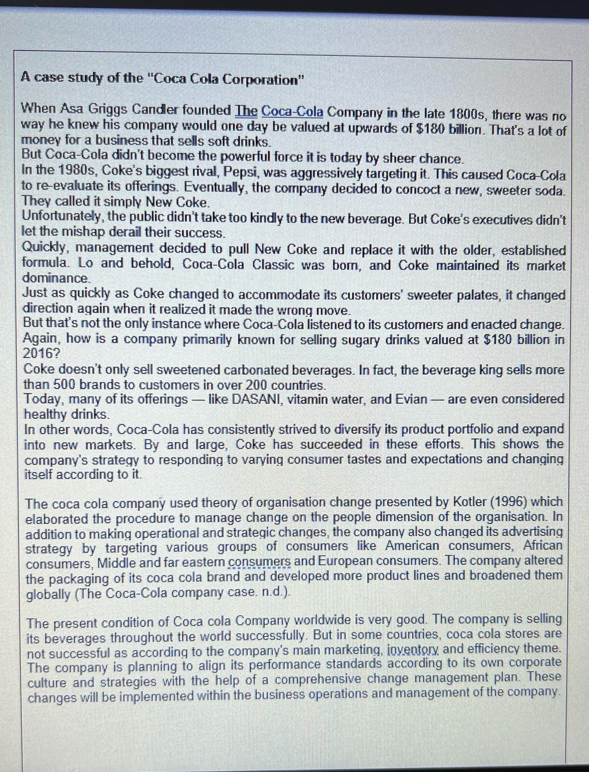 Using the Coca Cola case study above. Do you agree that