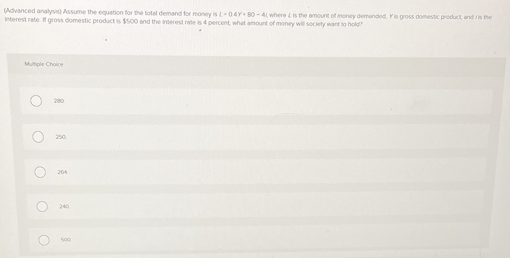 is L = 0.4 Y+ 80 - 4/, where L is the