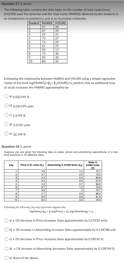  Question 17 (1 point) The following table contains the data taken