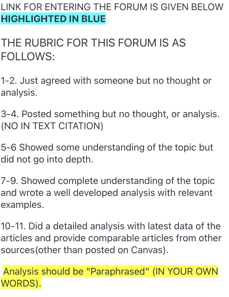 BLUE THE RUBRIC FOR THIS FORUM IS AS FOLLOWS: 1-2. Just agreed