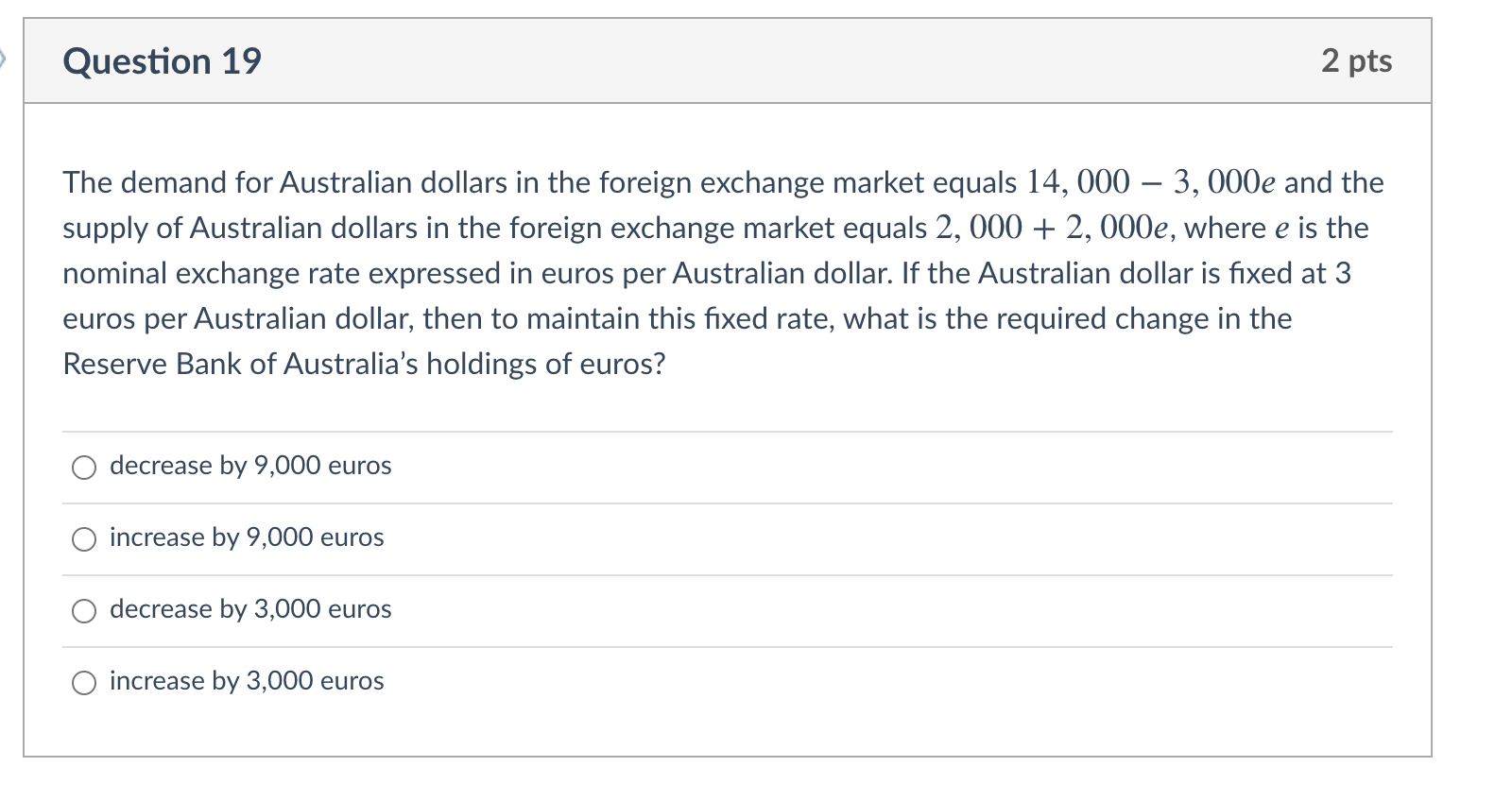  Question 19 2 pts The demand for Australian dollars in the