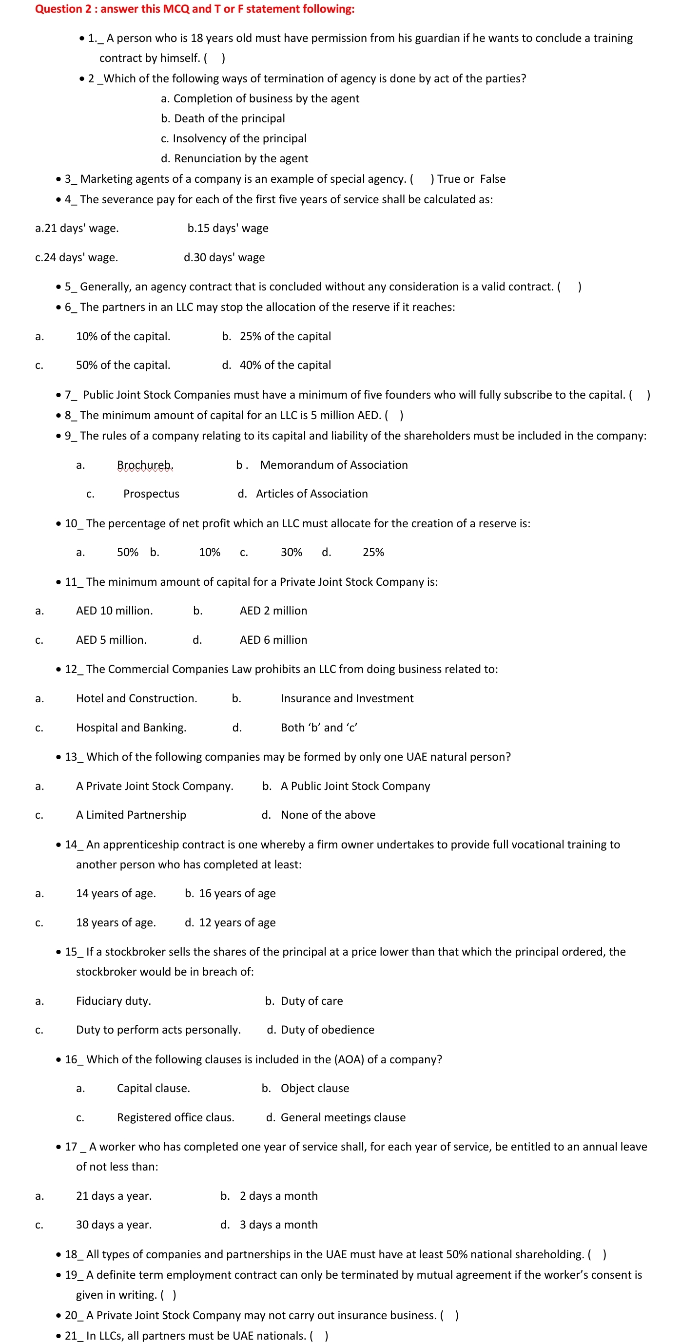 and T or F statement following: I 1._A person who is 18