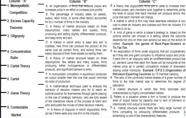 Column A Column "B Column "C" 1. Monopolistic A. An organization