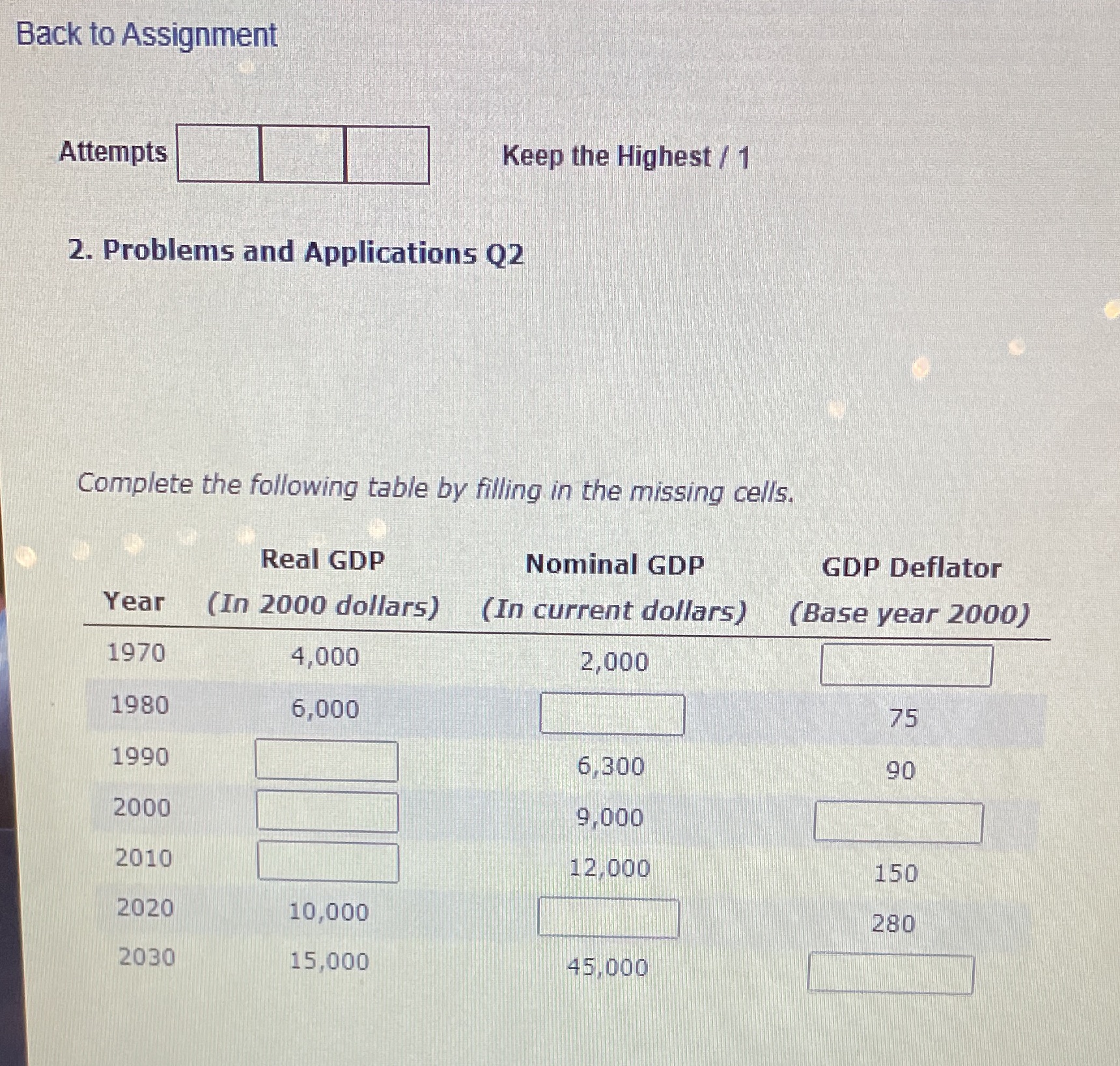  Back to Assignment Attempts Keep the Highest / 1 2. Problems