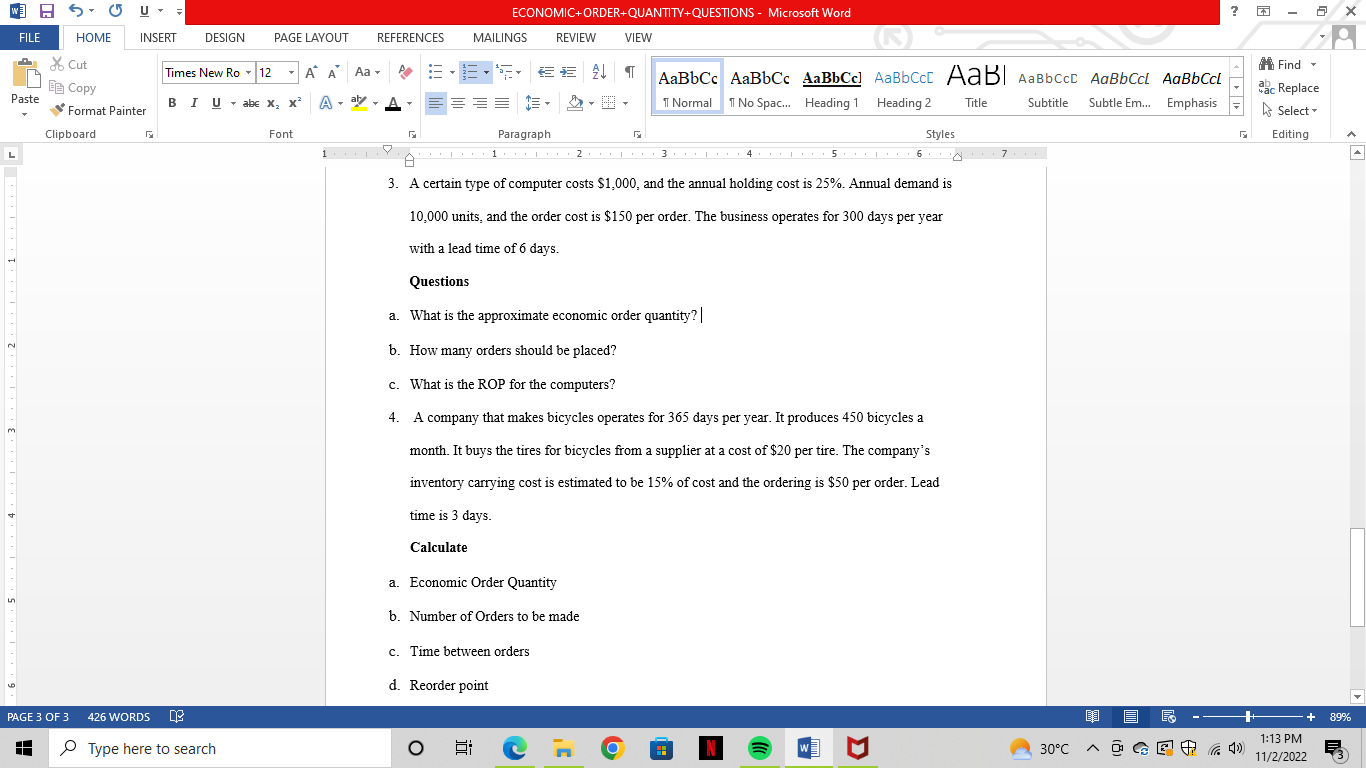  ECONOMIC+ORDER+QUANTITY+QUESTIONS - Microsoft Word ? - EX FILE HOME INSERT DESIGN