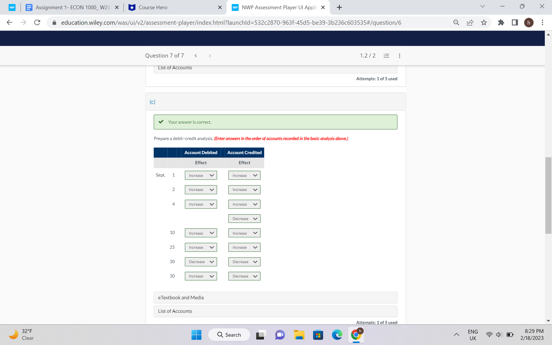 Credited Specific Account Specific Account Sept. 1 Cash Common Shares 2 Accounts