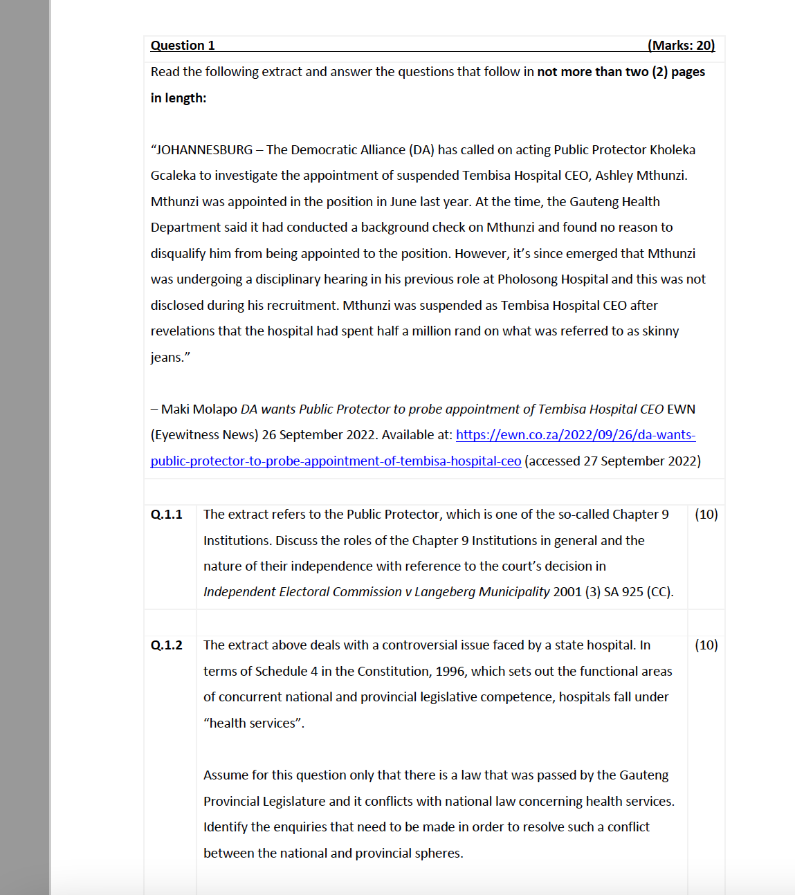 Question 1 (Marks: 20) Read the following extract and answer the