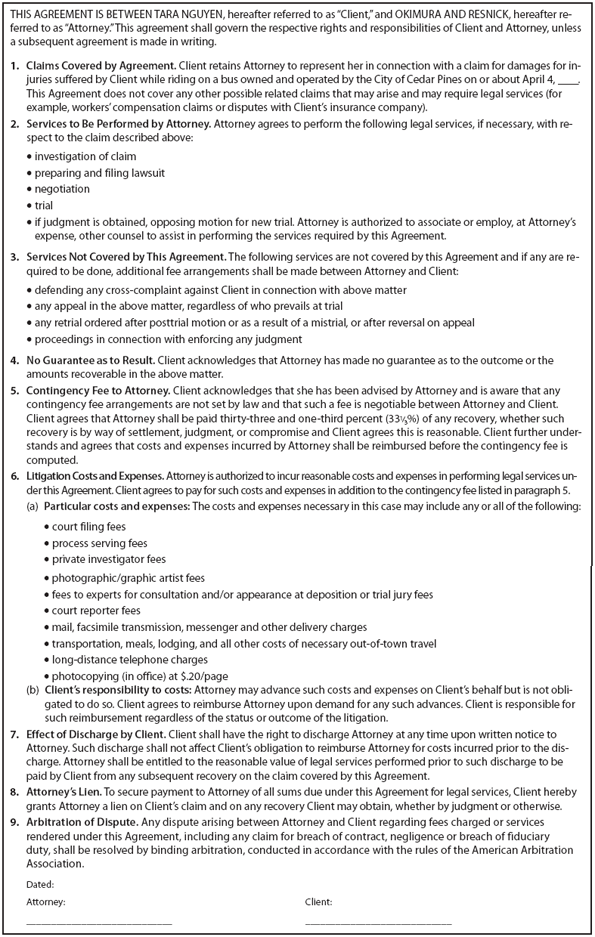 an agreement between attorney and client regarding legal representation.Each of the numbered