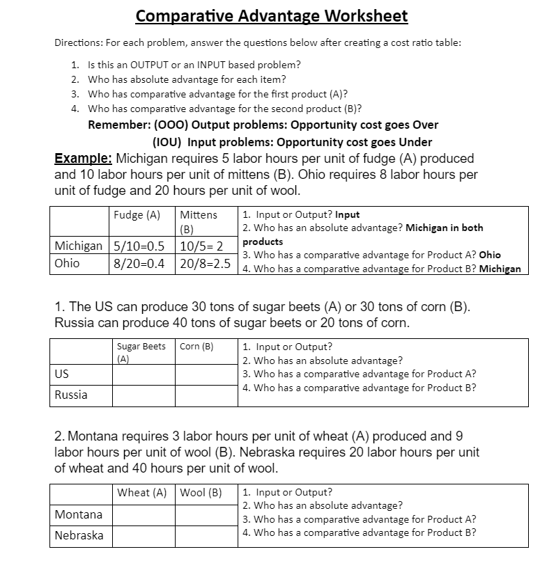 Comparative Advantage Worksheet Directions: For each problem, answer the questions below