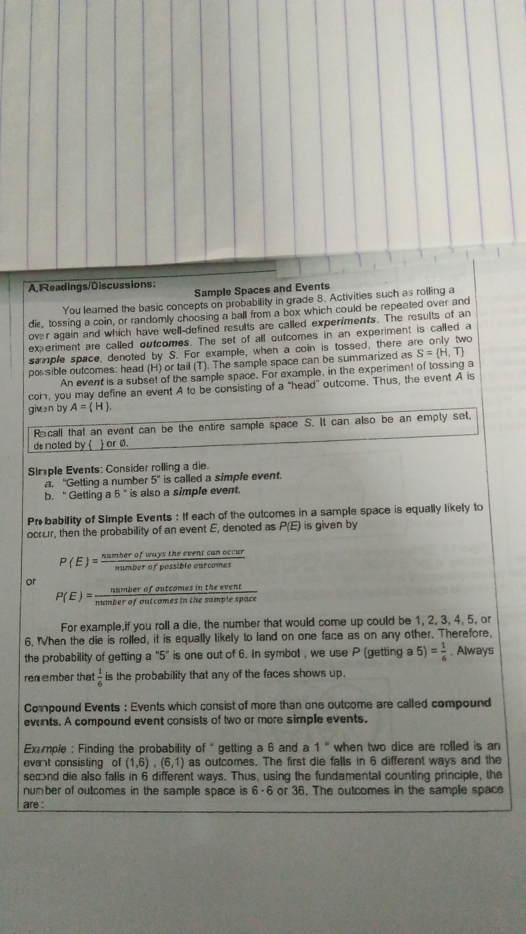  A. Readings/Discussions: Sample Spaces and Events You learned the basic concepts
