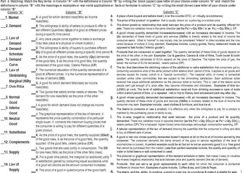 Part 2. Matching: Match the Key terms in Column "A" with