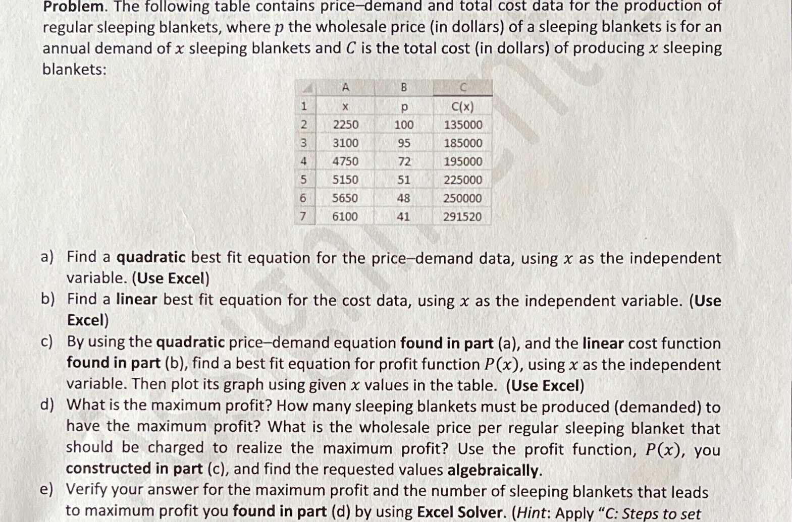 Problem. The following table contains price-demand and total cpst'data for the