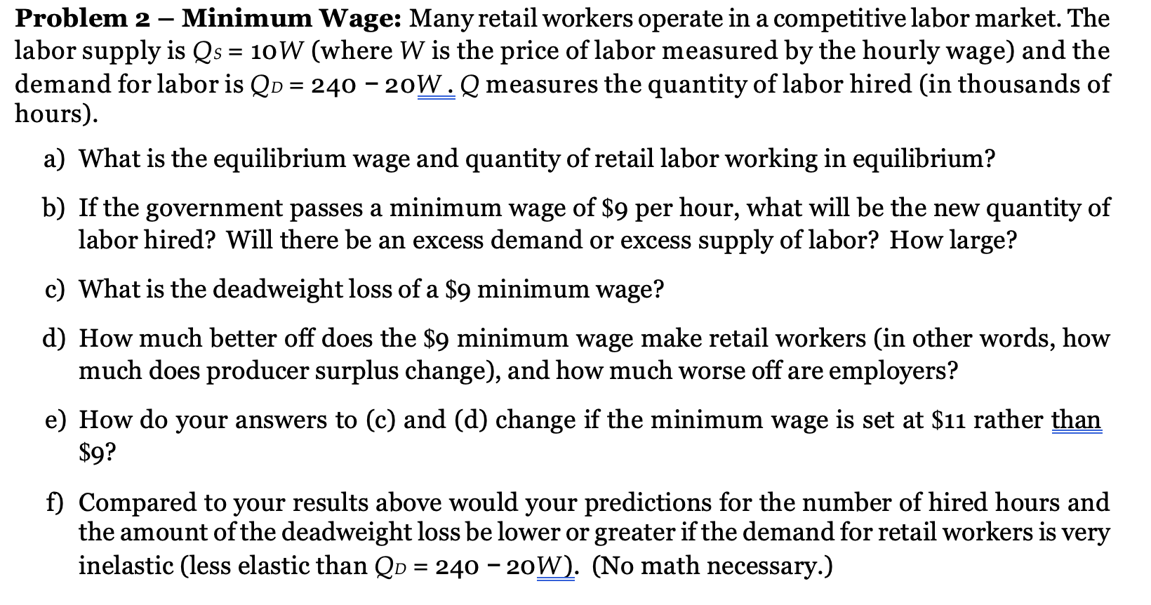  Problem 2 Minimum Wage: Many retail workers operate in a competitive