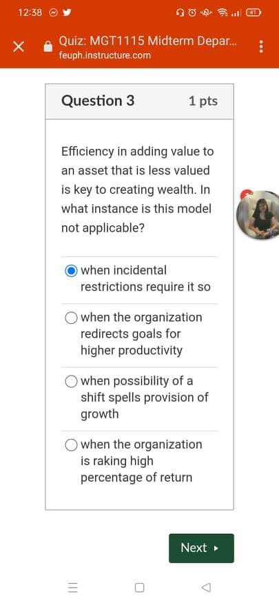  Question 3 1 pts Efciency-r in adding value to an asset