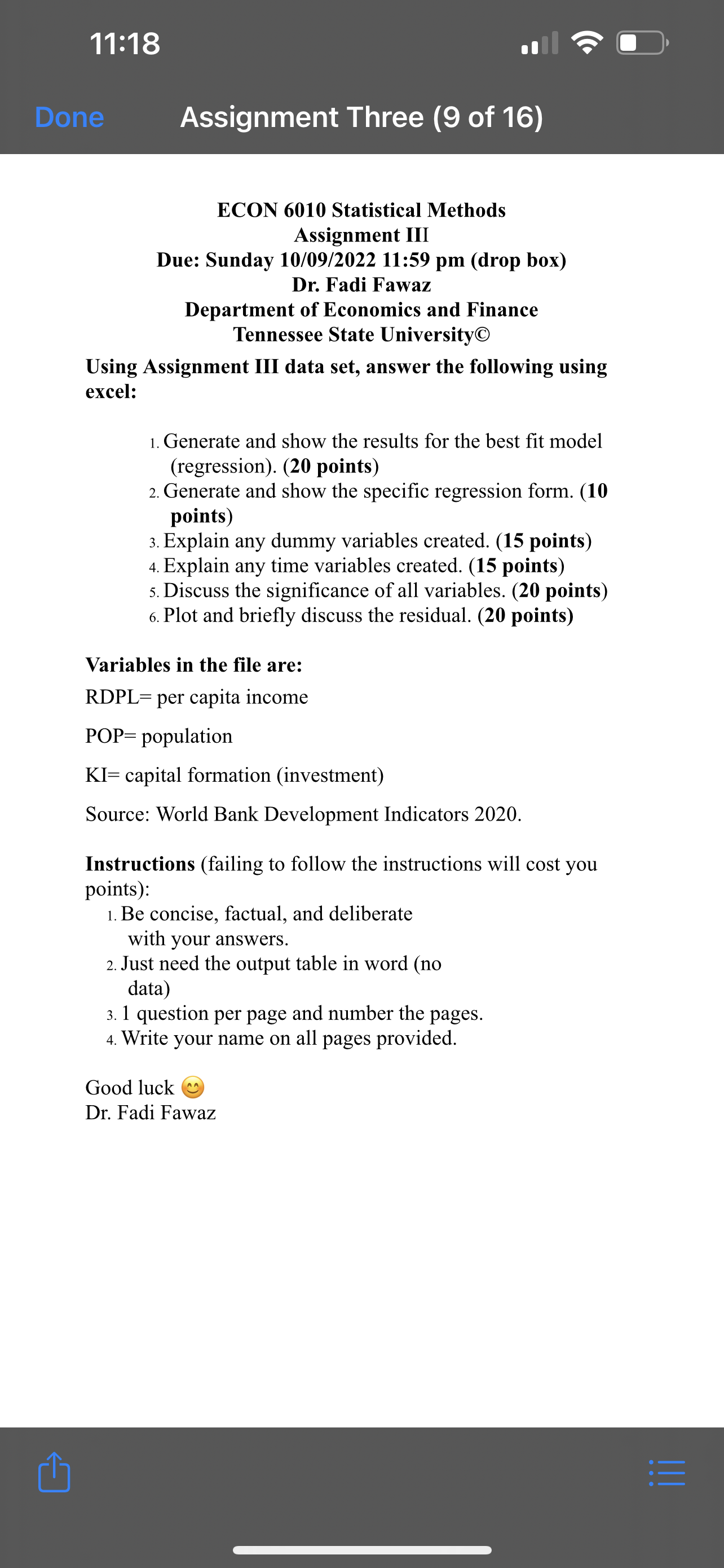 Assignment Three (9 of 16) ECON 6010 Statistical Methods Assignment III