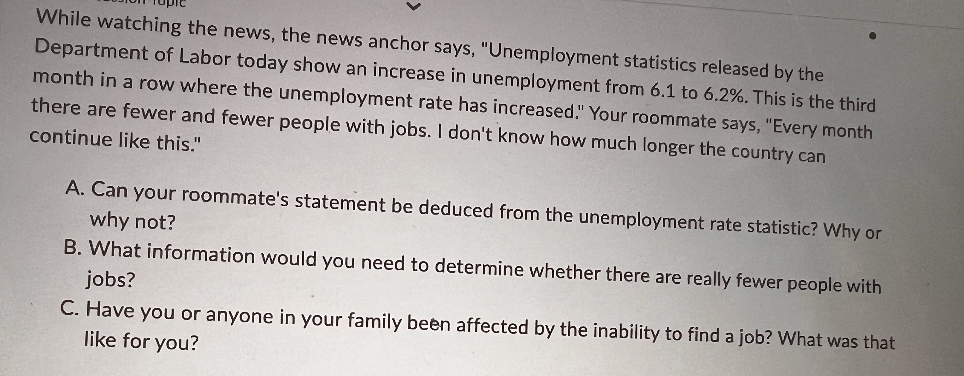 the news anchor says, "Unemployment statistics released by the Department of Labor