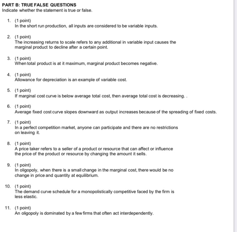  PART B: TRUE FALSE QUESTIONS Indicate whether the statement is true