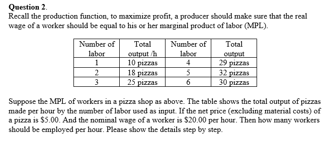 Question 2. Recall the production function, to maximize profit, a producer