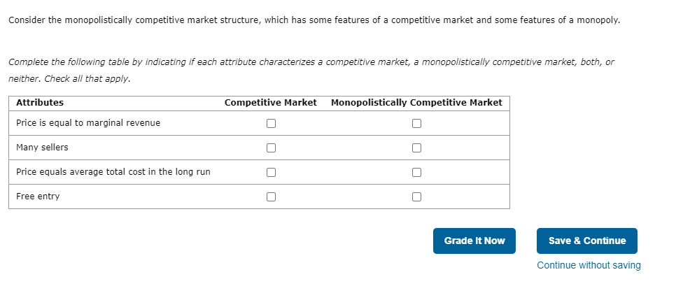Consider the monopolistically competitive market structure, which has some features of