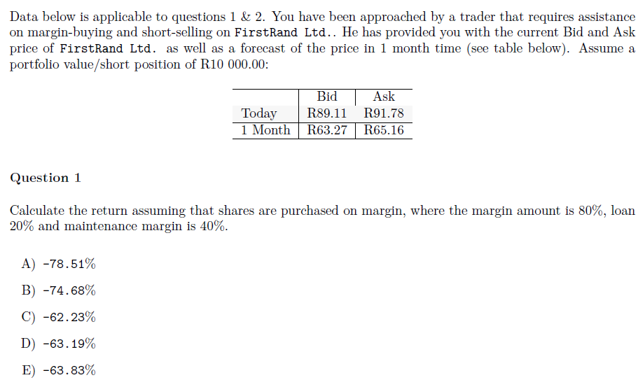  Data below is applicable to questions 1 85 2. You have