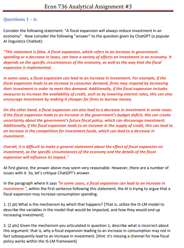  Econ 3'36 Analytical Assignment #3 Questions 1 - 6: Consider the