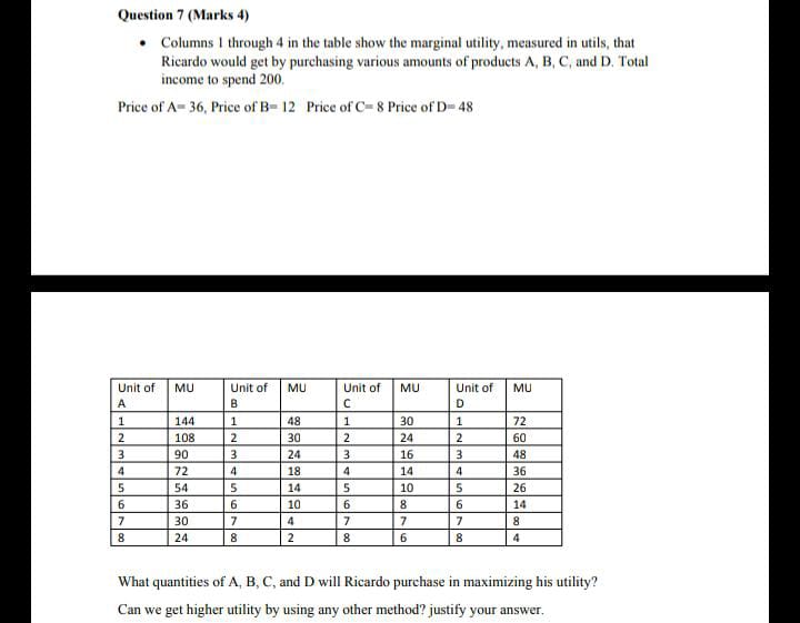 through 4 in the table show the marginal utility, measured in utils,