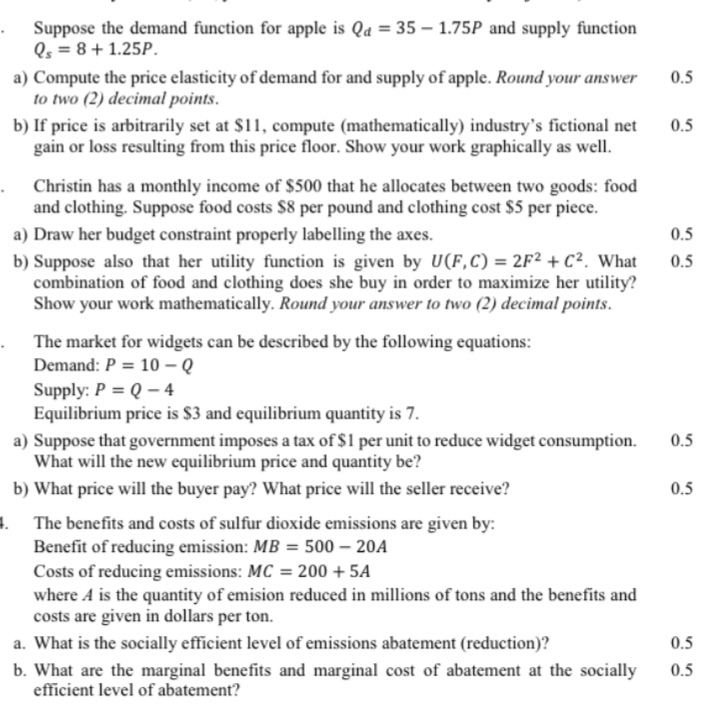 1.75P and supply function Qs = 8 + 1.25P. a) Compute the