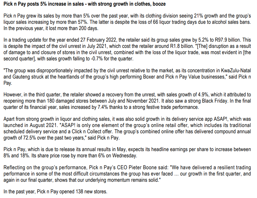 growth in clothes. booze Pick n Pay grew its sales by more