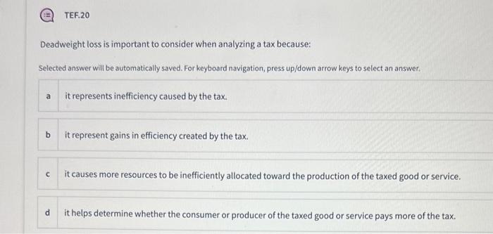  TEF.20 Deadweight loss is important to consider when analyzing a tax