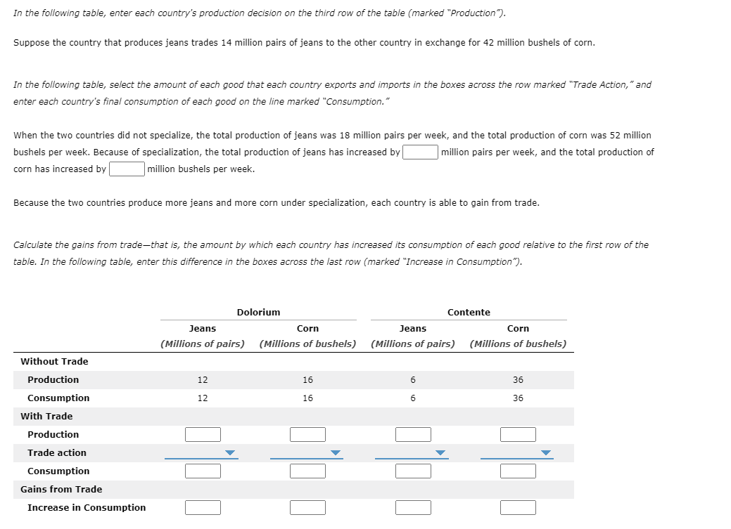 both. The following table shows the amount ofjeans or corn that can